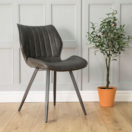 Set of Two Tan, Grey Leather Dining Chairs Smithers Industrial Furniture &pound;440.00 All Rooms Steel product_features