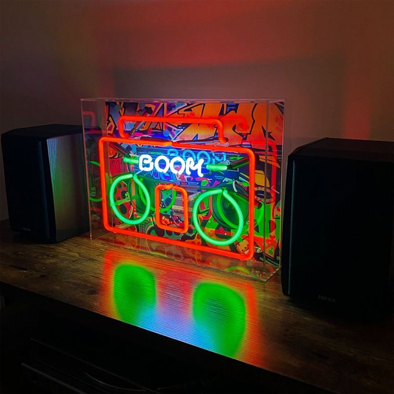 Boombox Large Glass Neon Light – 80s Music Sign for DJ Studio Smithers Gifts £174.00      product_features