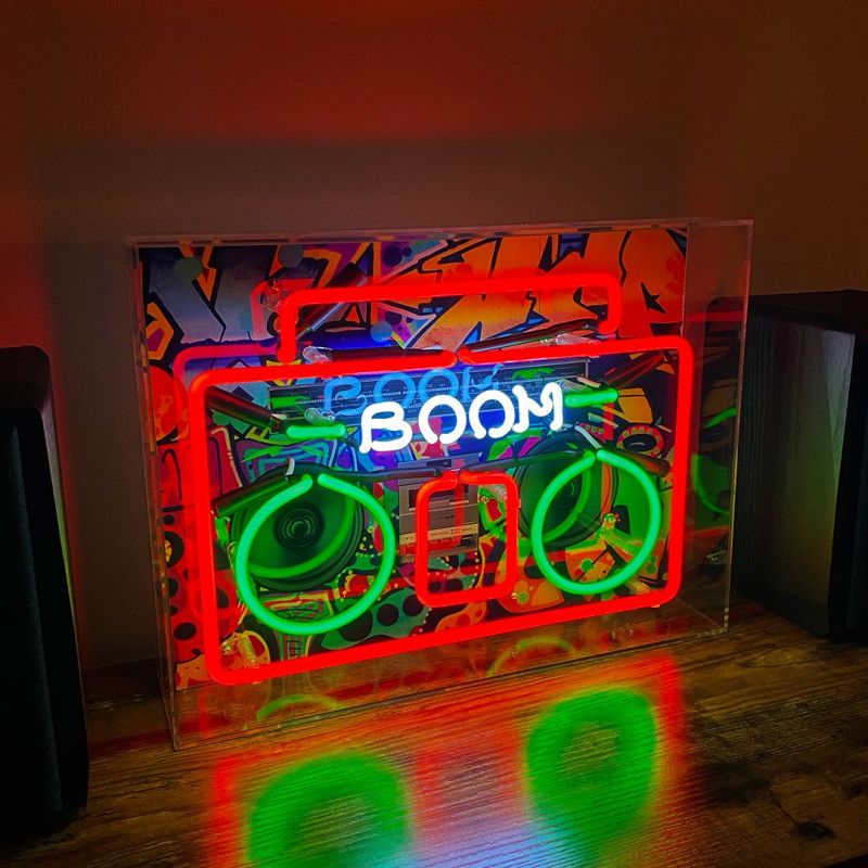 Boombox Large Glass Neon Light – 80s Music Sign for DJ Studio Smithers Gifts £174.00      product_features