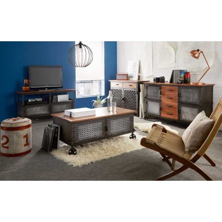 Industrial Coffee Cart Table Smithers Living Room &pound;586.00 Bar Mango Wood Reclaimed Steel product_features